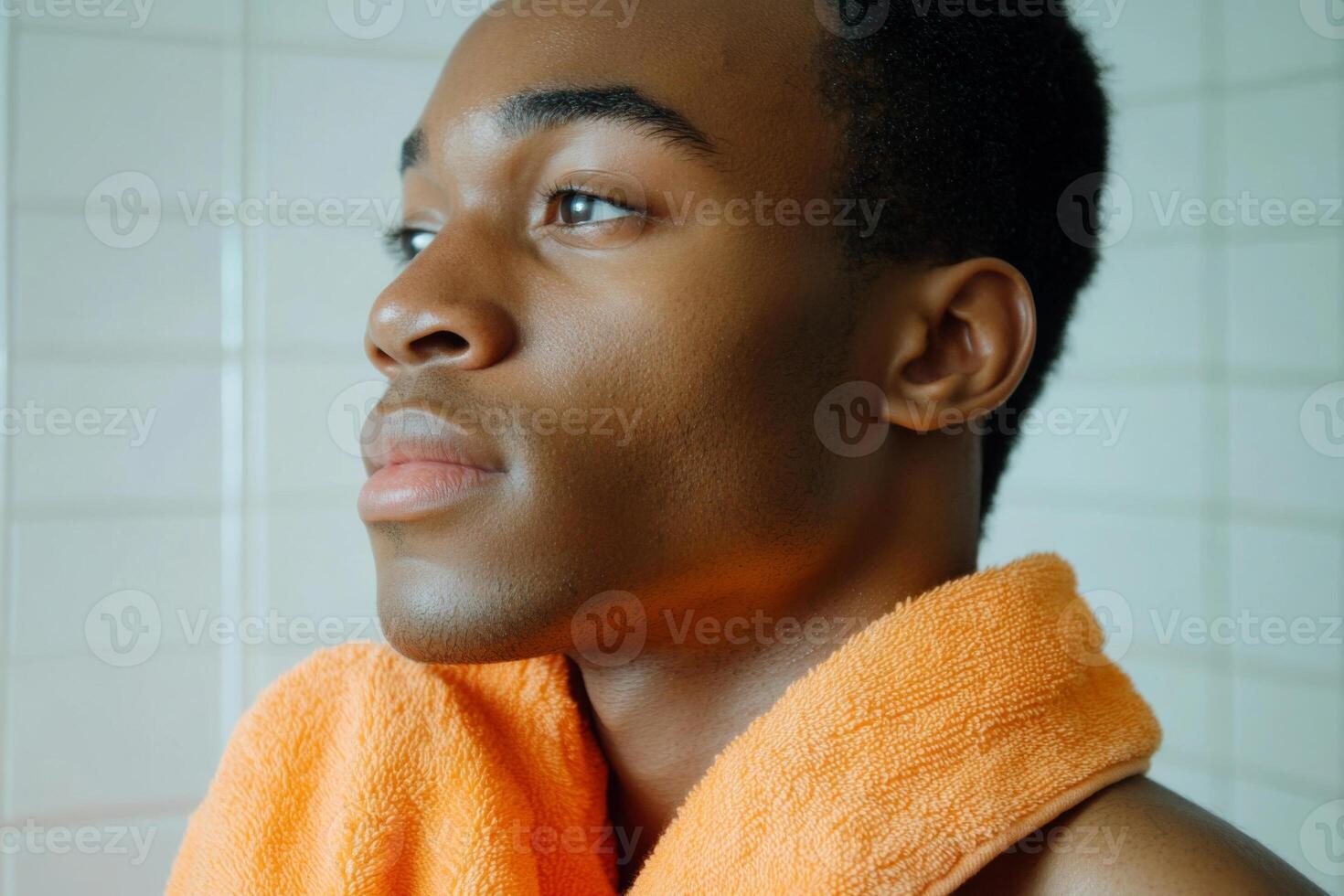 Young black man with towel in bathroom photo