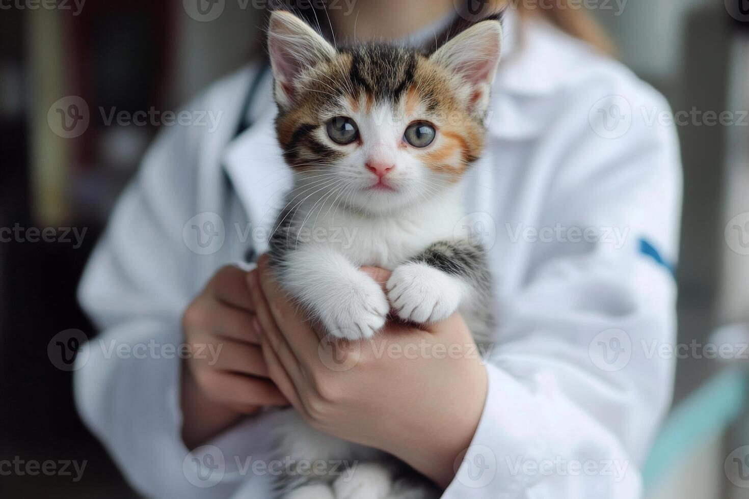 Veterinarian holding kitten in clinic photo