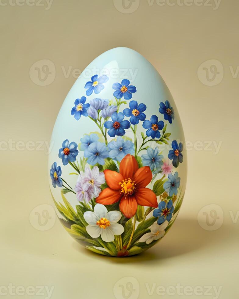 Colorful decorative Easter egg with floral pattern in a soft light setting photo