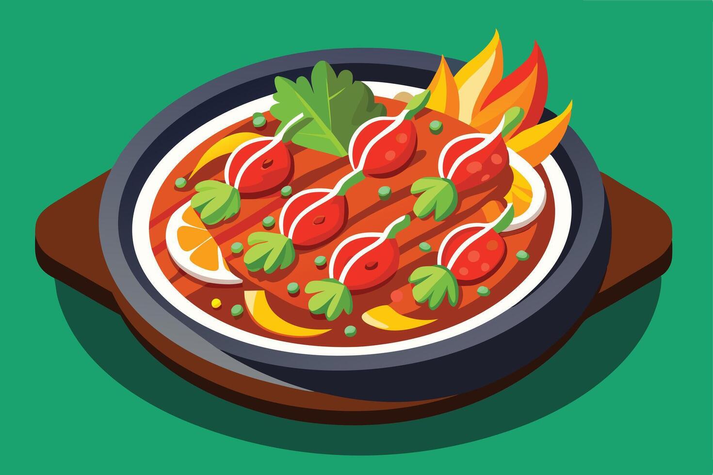 Delicious Asian-style dish served in a hot plate vector