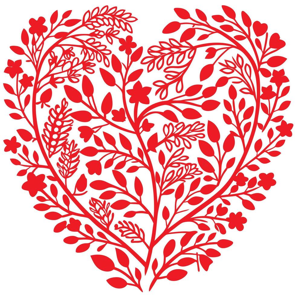 A heart shaped red floral pattern with leaves vector