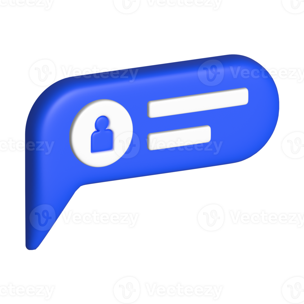 3D blue speech bubble icon with a person symbol and blank message fields. Perfect for communication, messaging, or profile illustrations. png