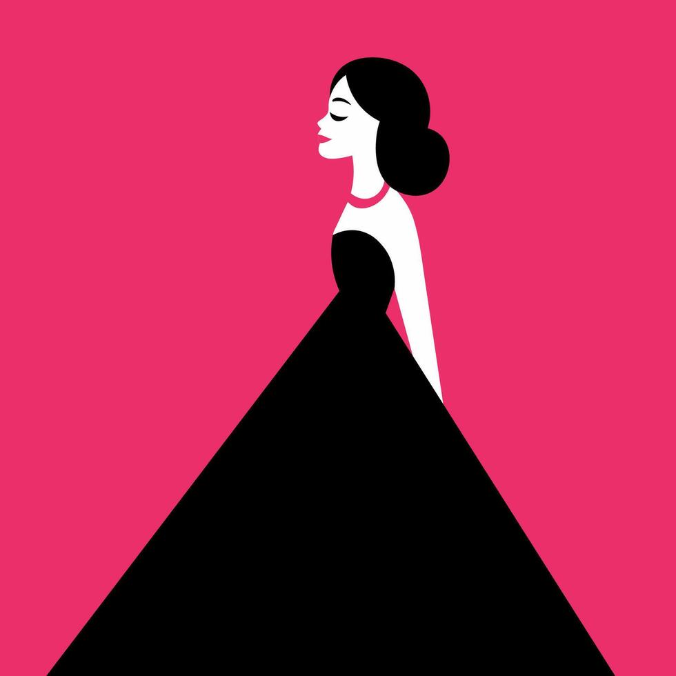 Silhouette of a woman in an evening black dress in front of pink background flat illustration vector
