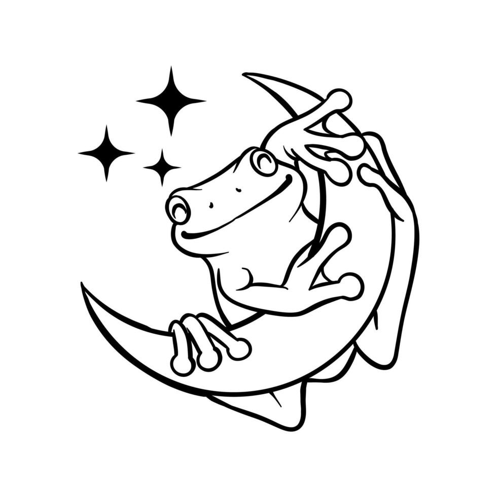 hand drawn black and white illustration of a frog lamp rising above the moon vector