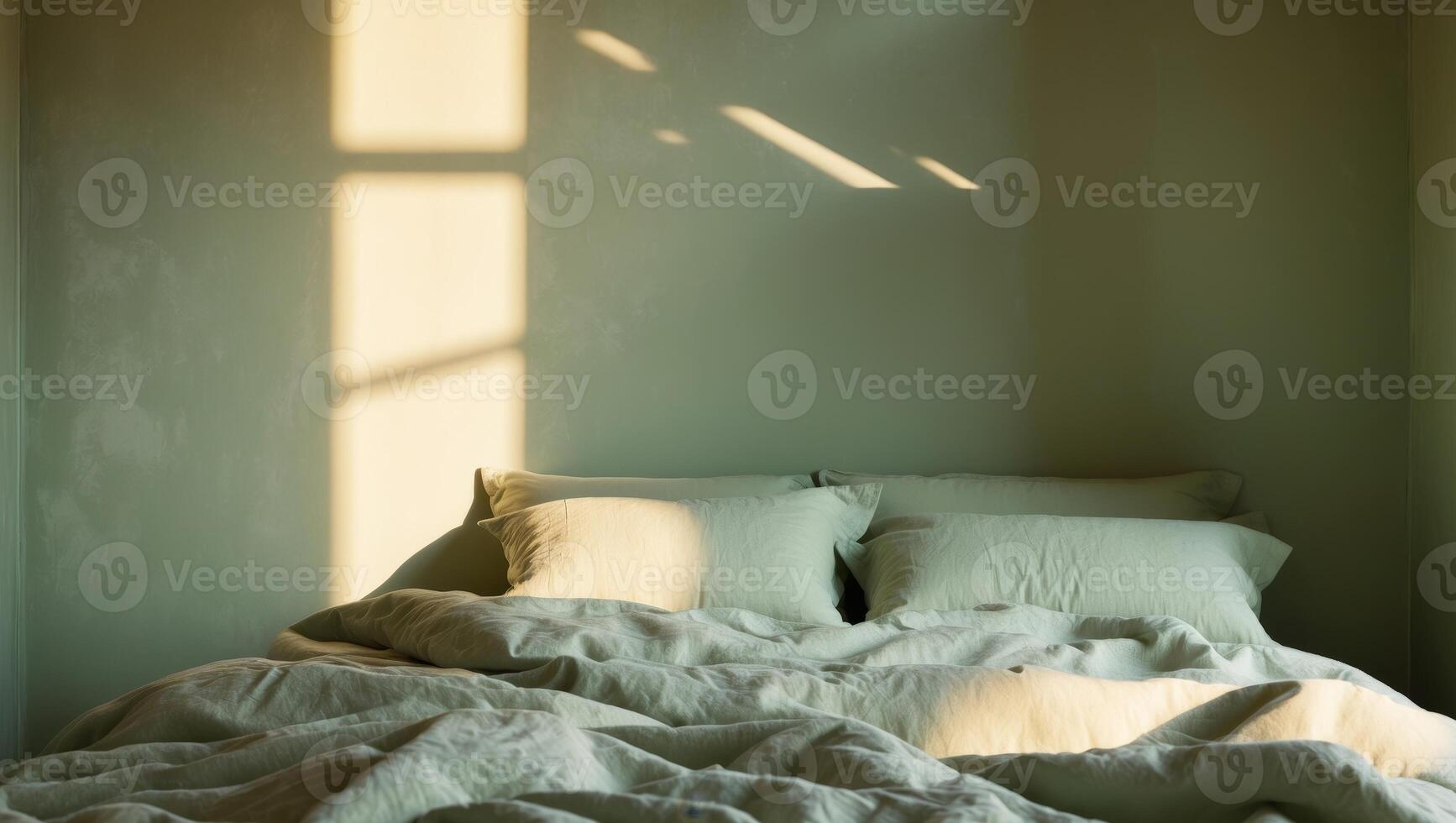 An unmade bed with pillows and a window photo