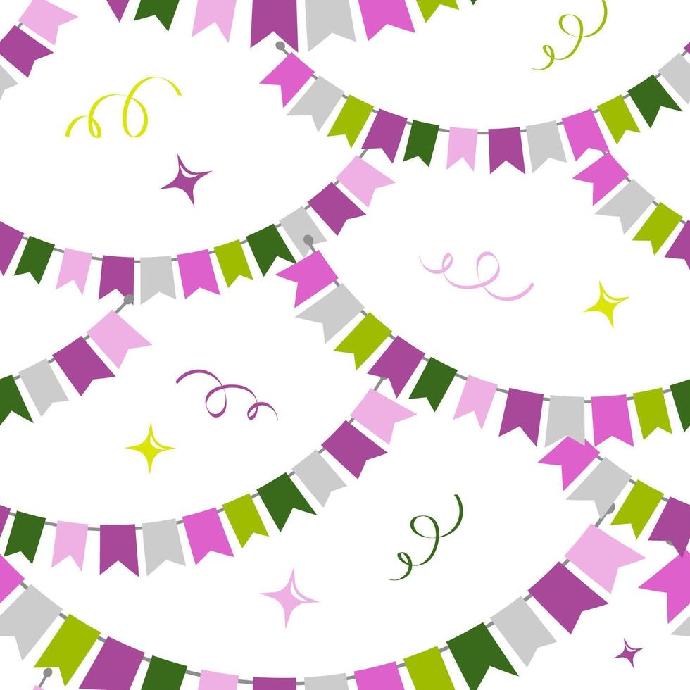 The pattern is festive with flags, confetti streamers. Background for paper, fabric. vector