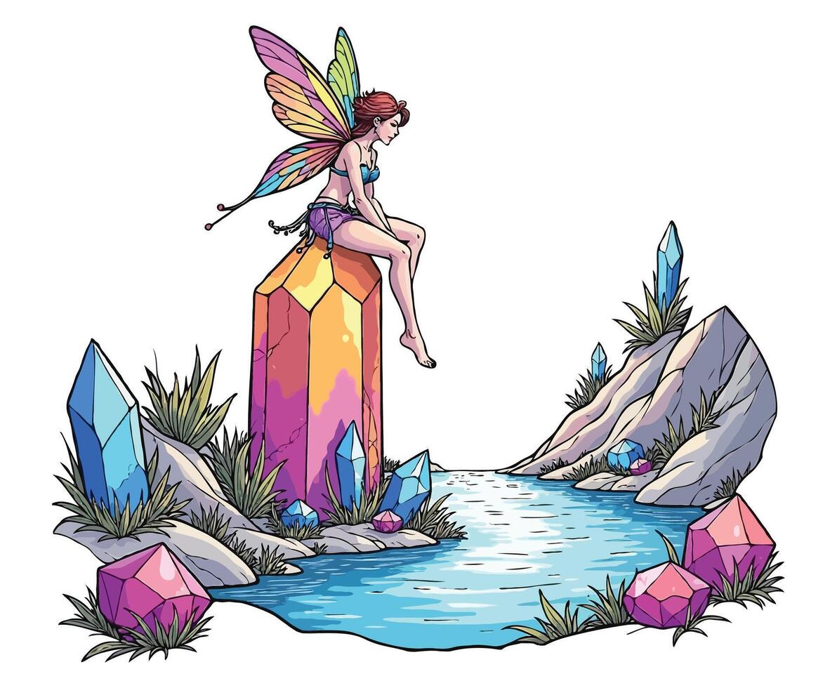 Fairy on gem-light crystal color on white background vector