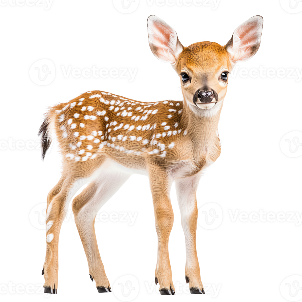 A cute fawn standing proudly with soft features and spots. png