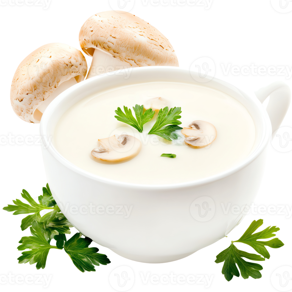 Creamy mushroom soup garnished with fresh parsley. png