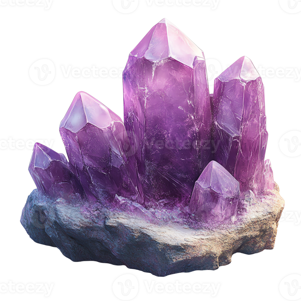 A cluster of vibrant purple crystal formations on a stone base. png