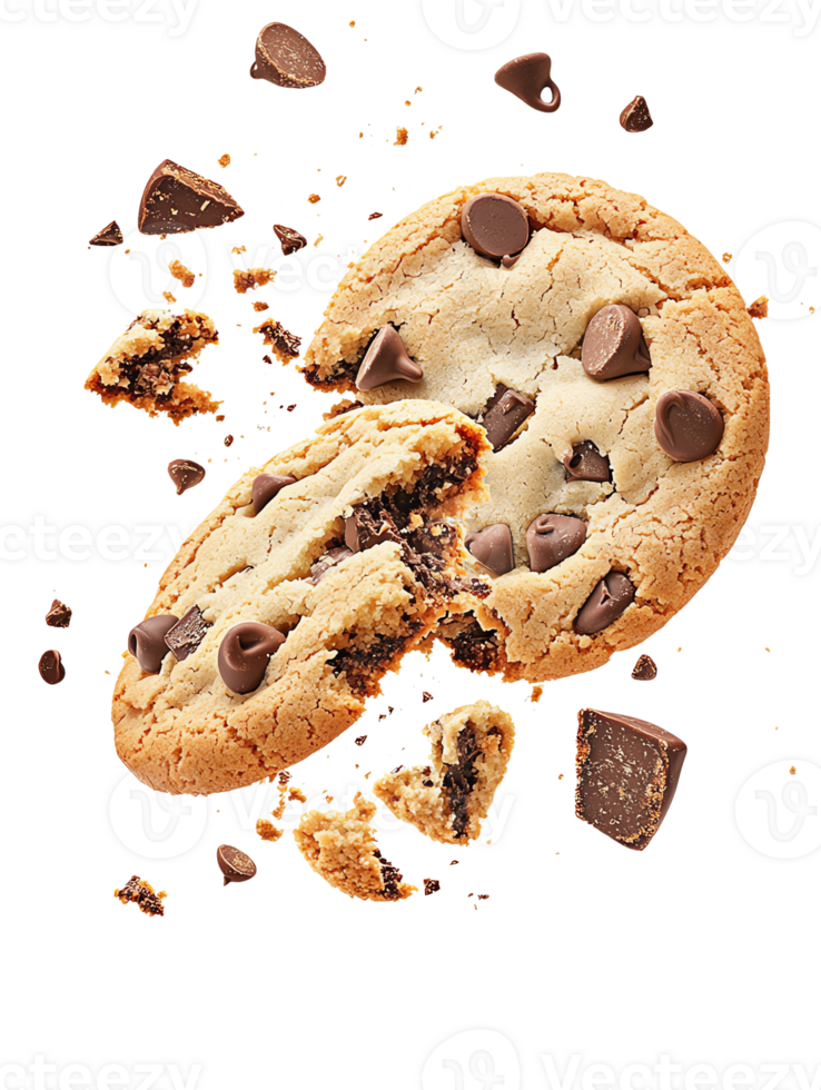 Delicious chocolate chip cookie broken in pieces with sprinkles. png