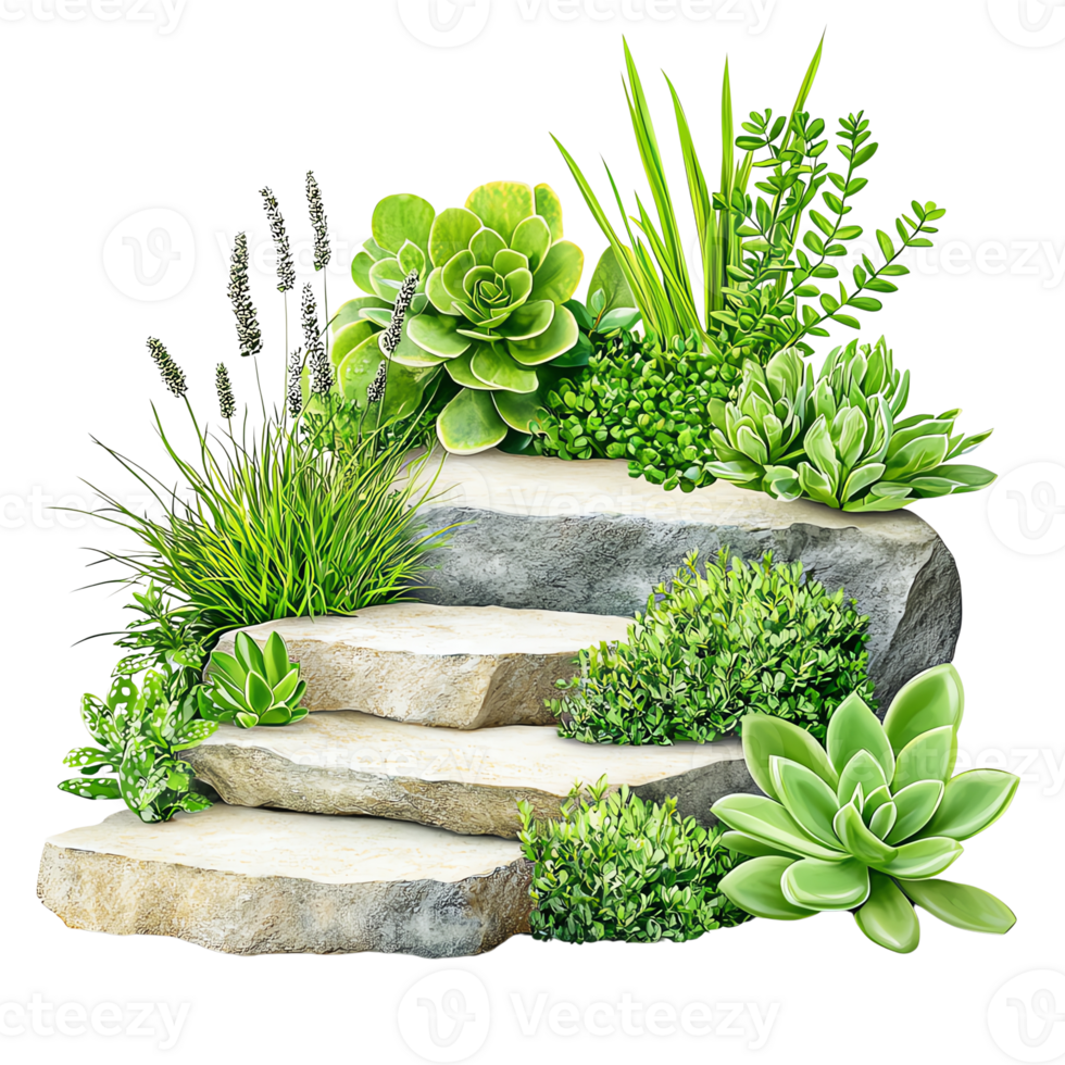 A serene collection of lush plants on decorative rocks. png
