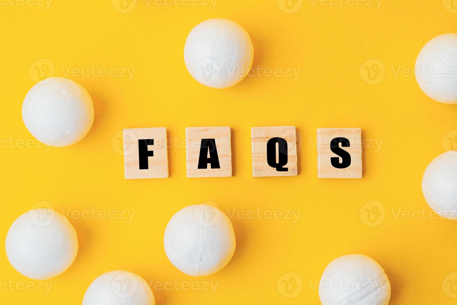 Yellow background with white balls and a word that starts with the letter FAQS photo