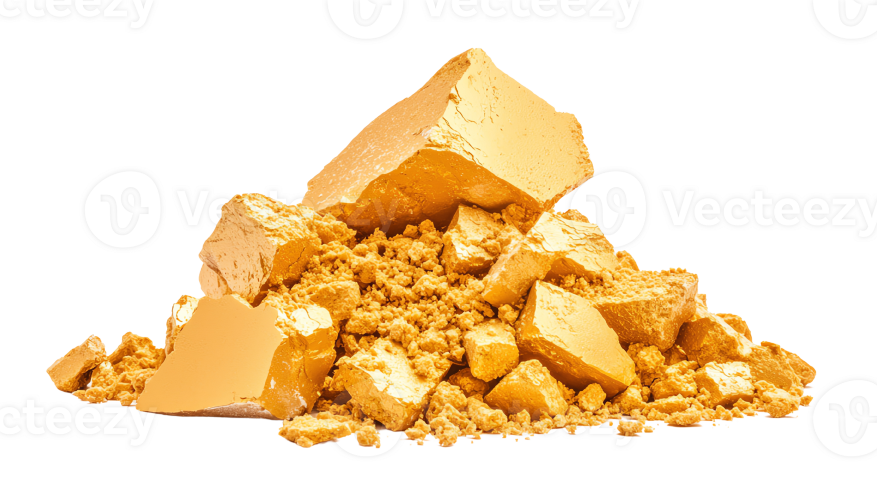Close-up of crushed yellow mineral in varied textures and shapes. png