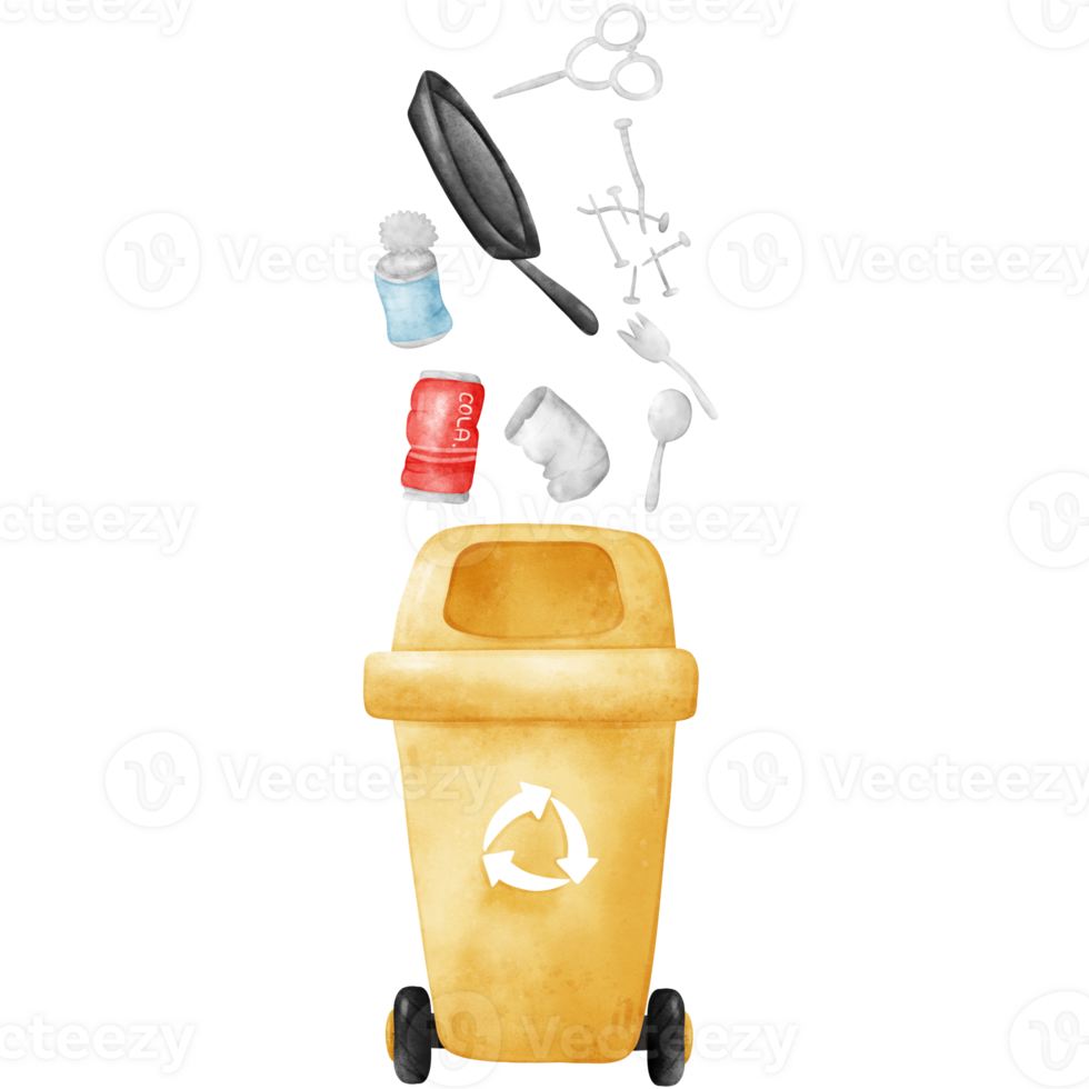 Metal bin with pan, can, spoon png