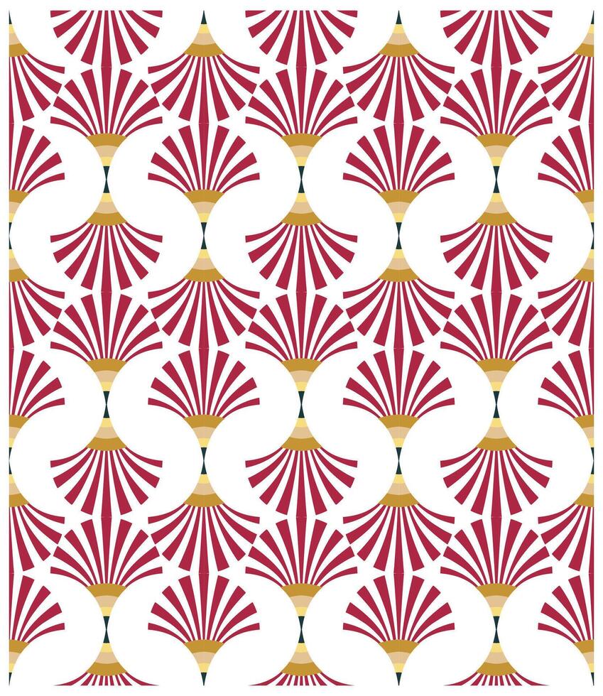 A repeating pattern of stylized red and gold fan shapes on a white background, creating a vibrant and dynamic design. vector