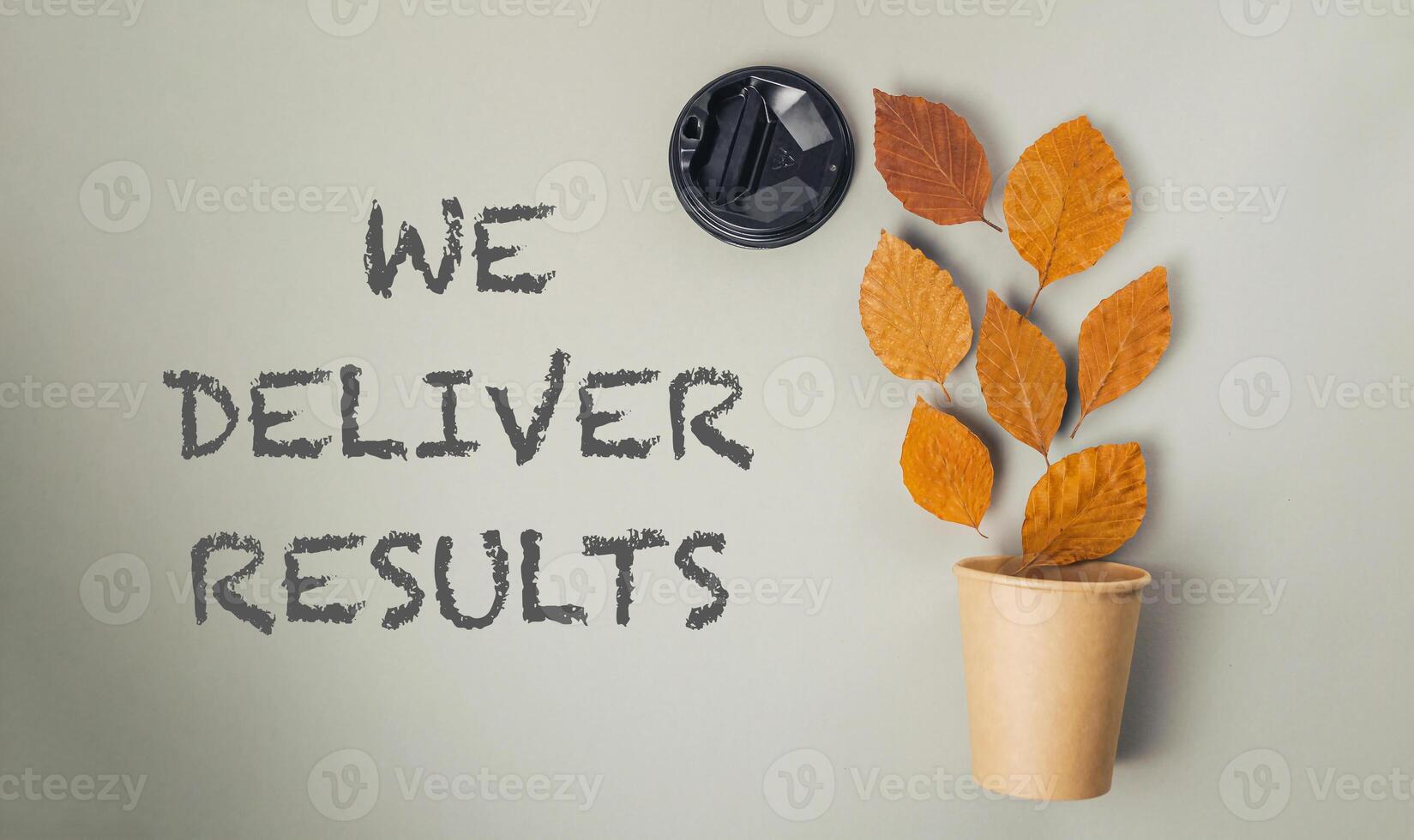 Tree with leaves and the words We Deliver Results written in chalk photo