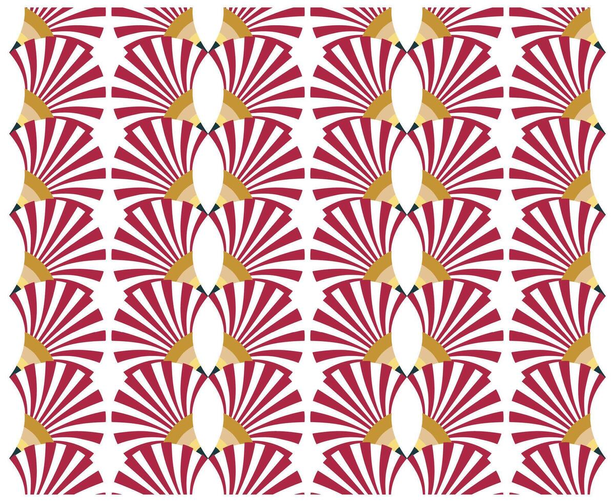 A vibrant repeating pattern of stylized fans in maroon and gold on a white background, creating a dynamic and elegant design. vector