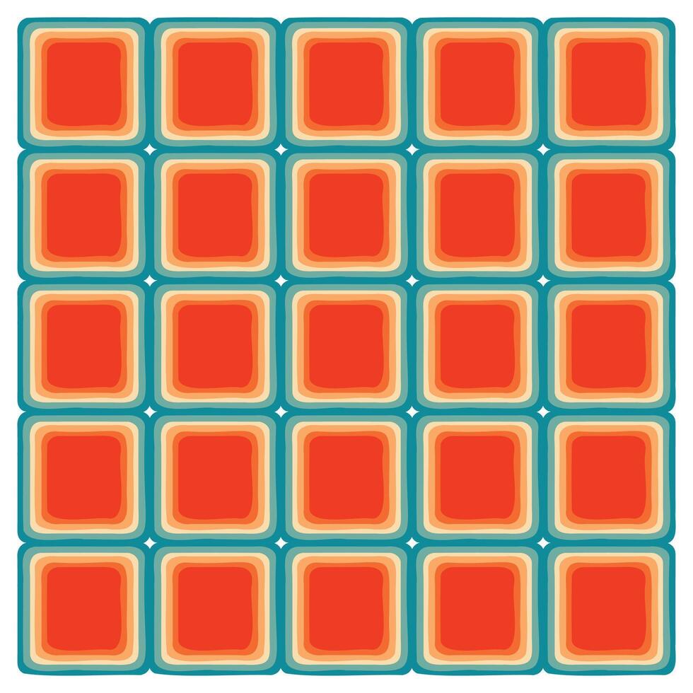A vibrant grid pattern featuring 24 square tiles with bold orange centers framed by layered light beige and teal outlines. vector