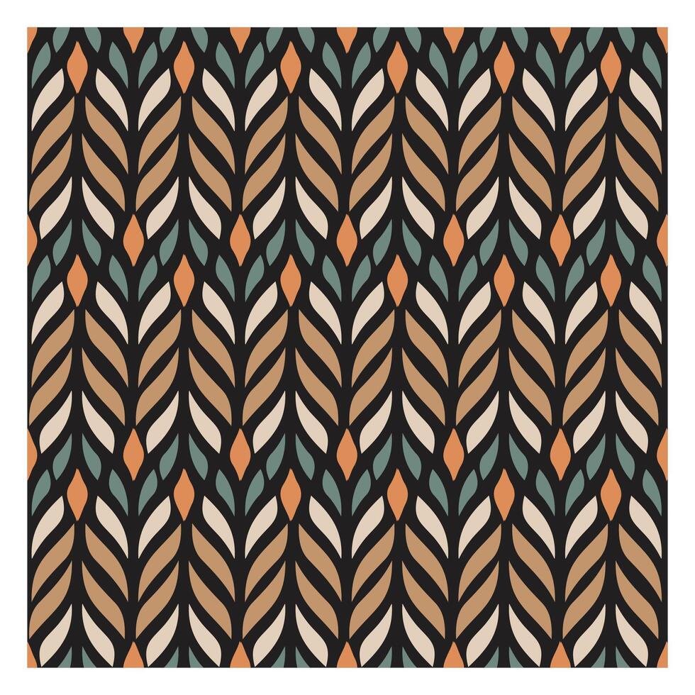 A stylized leaf pattern in earthy tones of brown, teal, and orange, set against a black background, creating a vibrant, modern design. vector