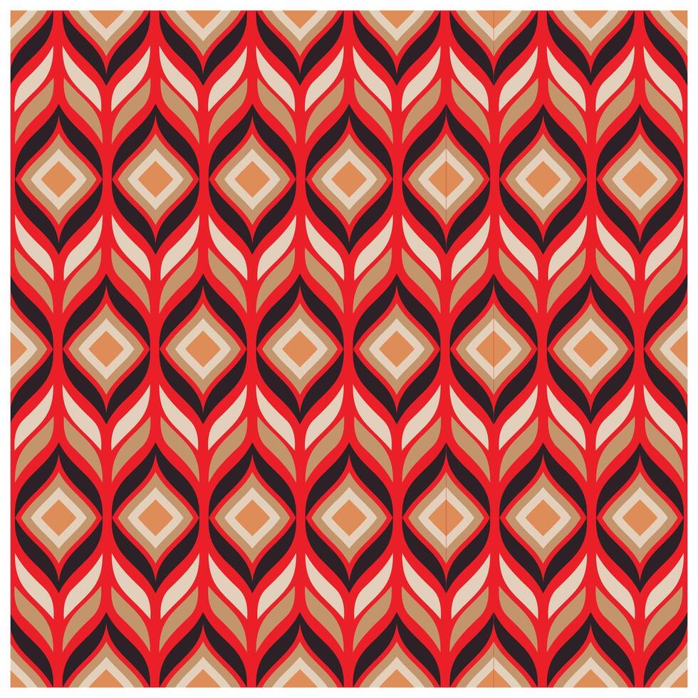A vibrant, symmetrical pattern of red leaves and diamonds in warm beige, cream, and black, creating a retro, bold design. vector