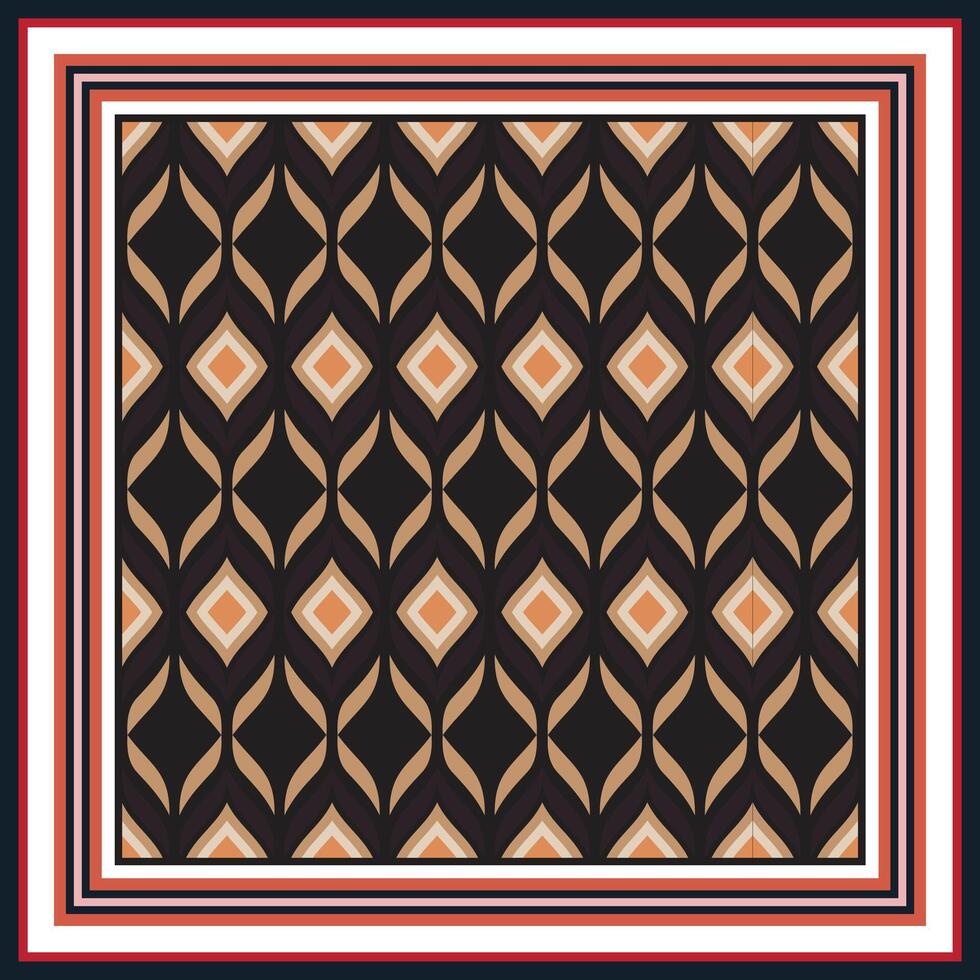 A geometric square print scarf, pattern featuring brown and beige diamonds and swirling leaf shapes, framed by multiple colored borders. vector