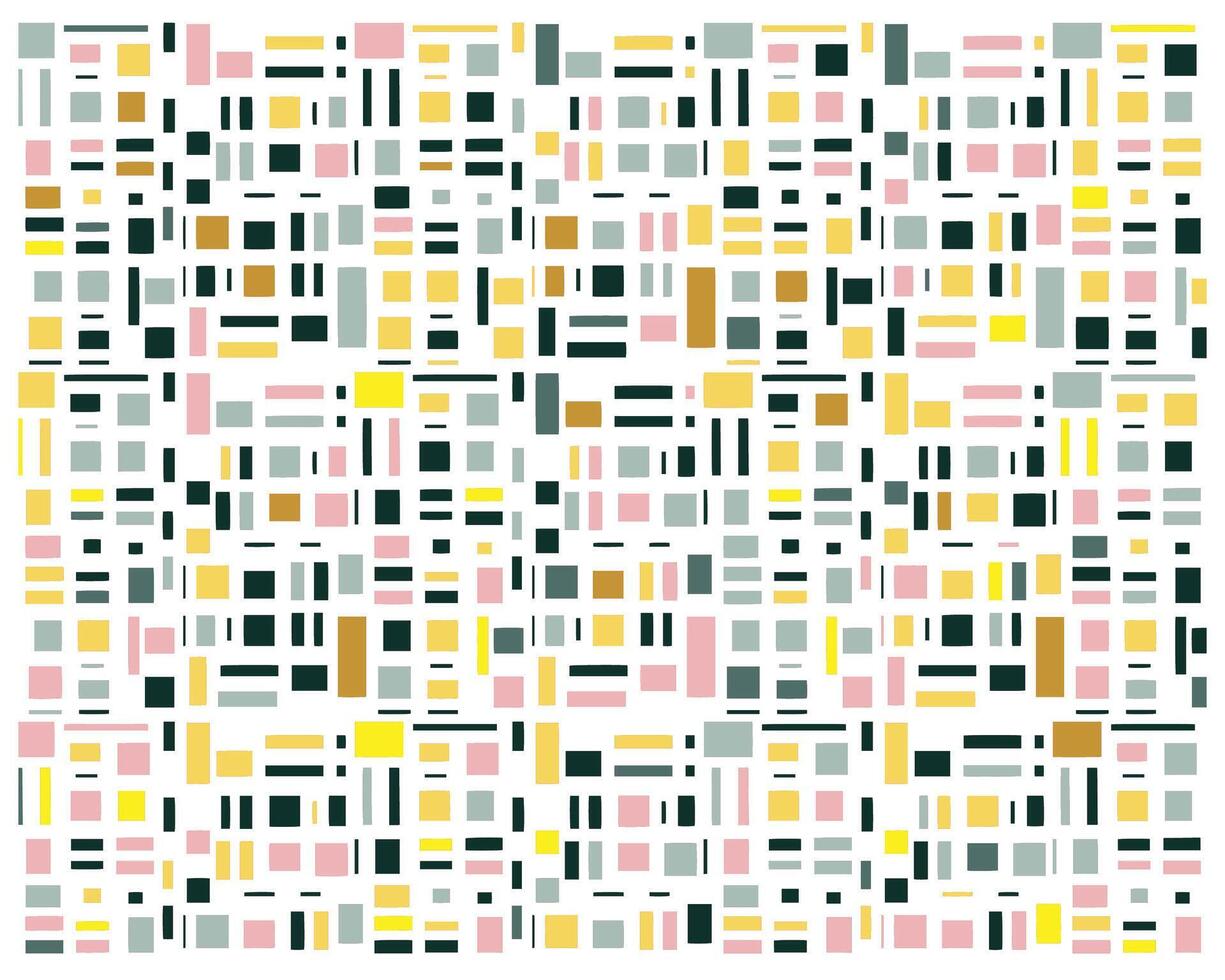 Abstract pattern featuring a vibrant mix of squares and lines in pink, yellow, green, gray, and black against a white background. vector