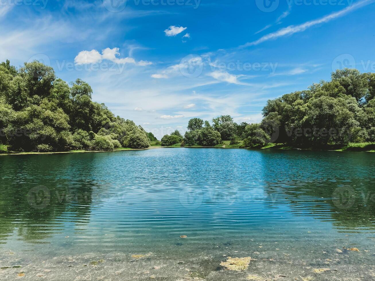 Calm lake with trees in the background photo