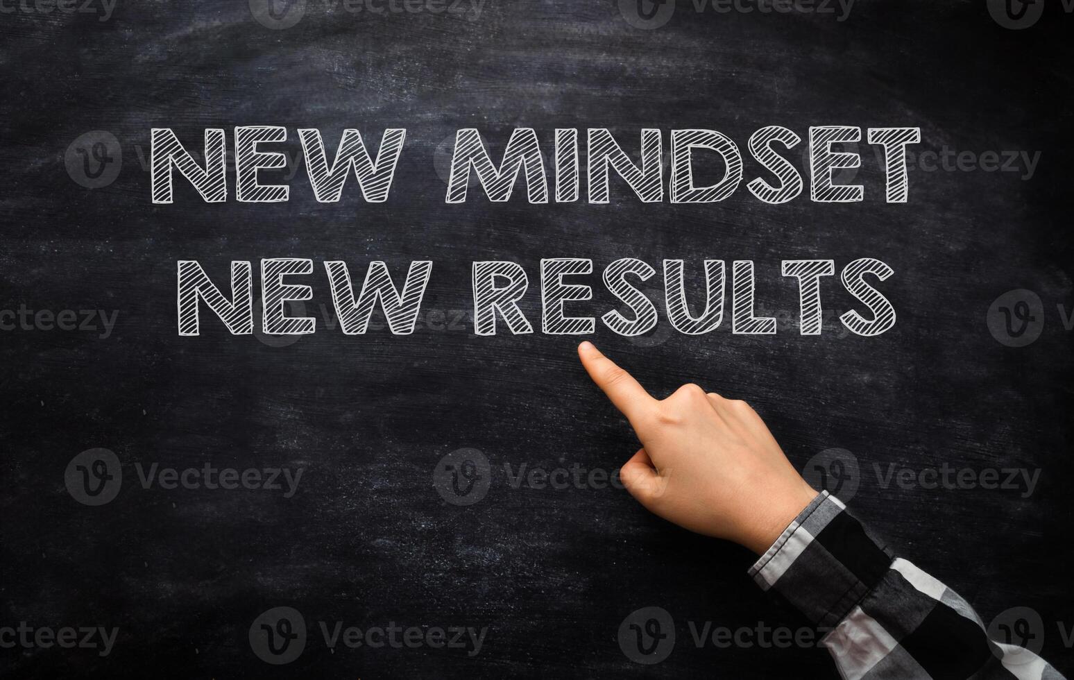 Phrases New Mindset and New Results on black chalkboard photo