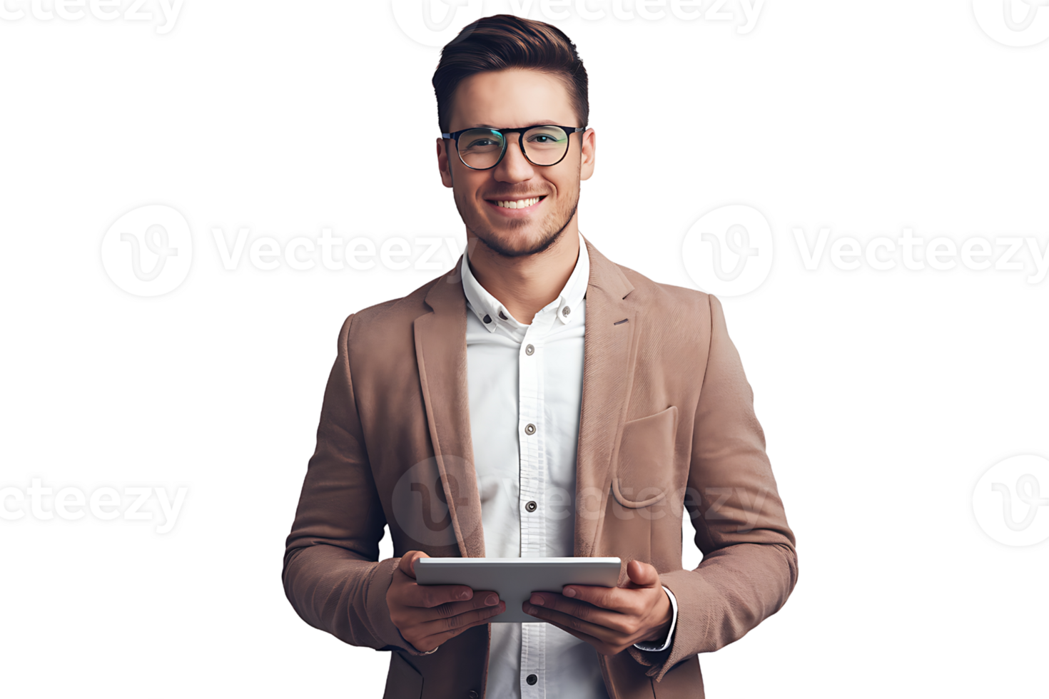 Confident Young Businessman with Tablet isolated on transparent background png