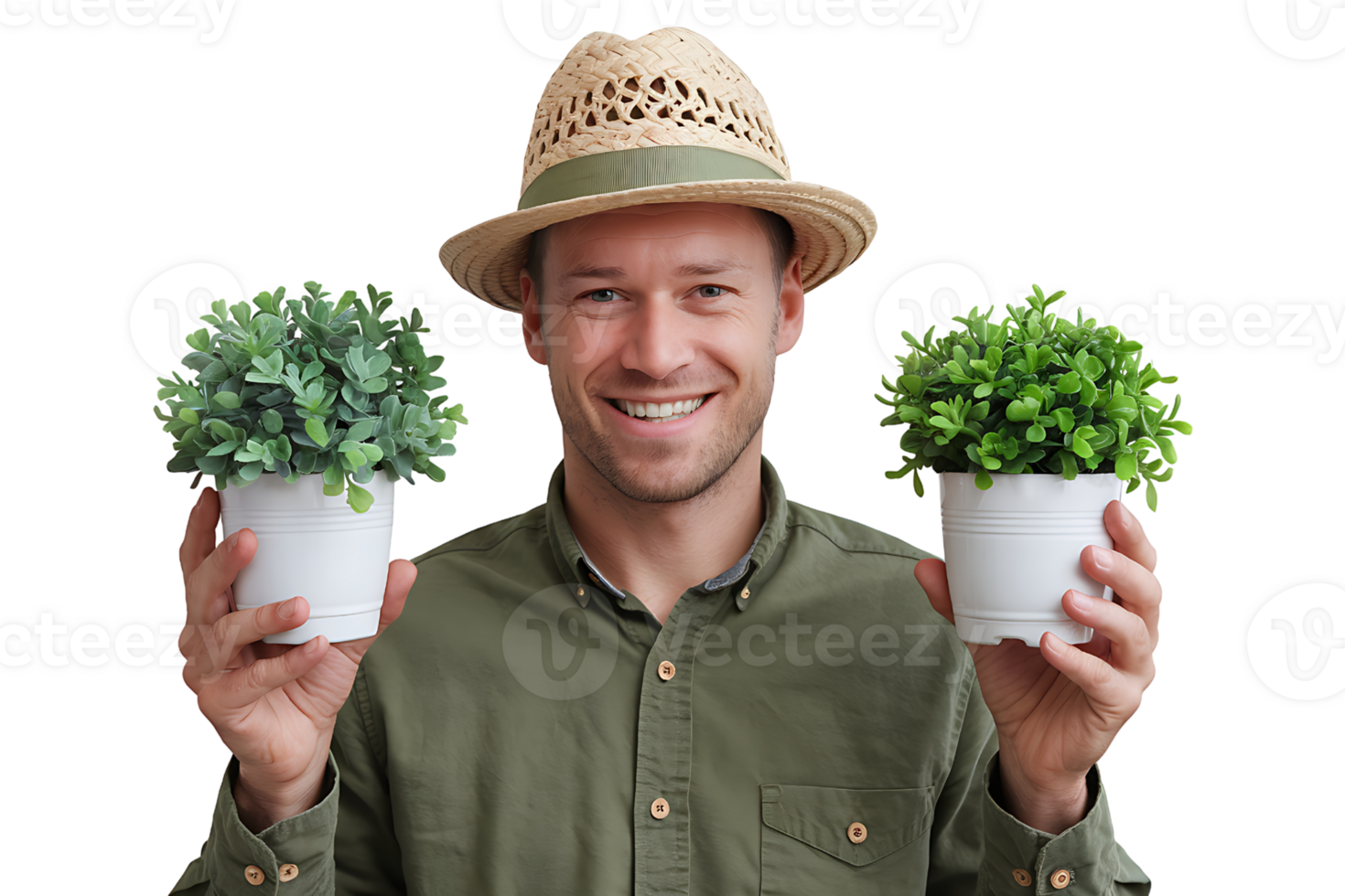 Happy Gardener Holding Two Potted Plants isolated on transparent background png