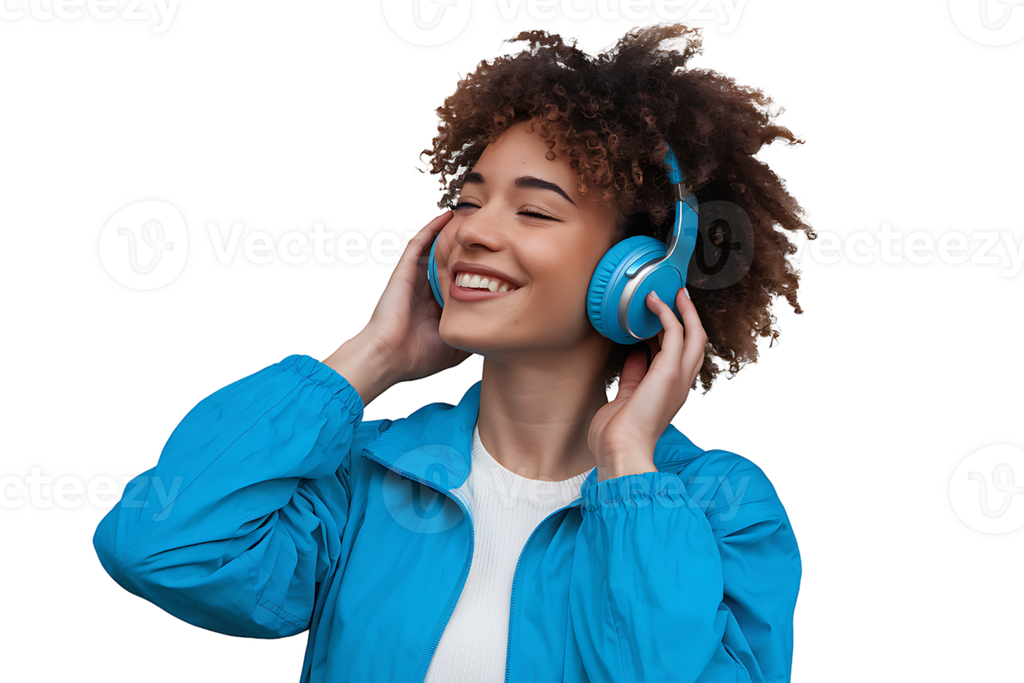 Joyful young woman listening to music with blue headphones, wearing a vibrant blue jacket isolated on transparent background png