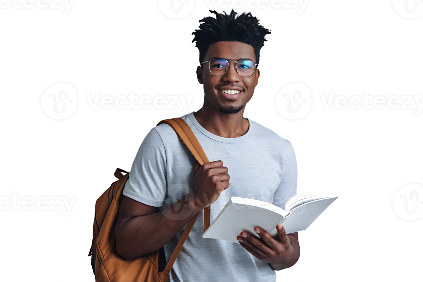 Smiling Student Holding Book and Backpack isolated on transparent background png