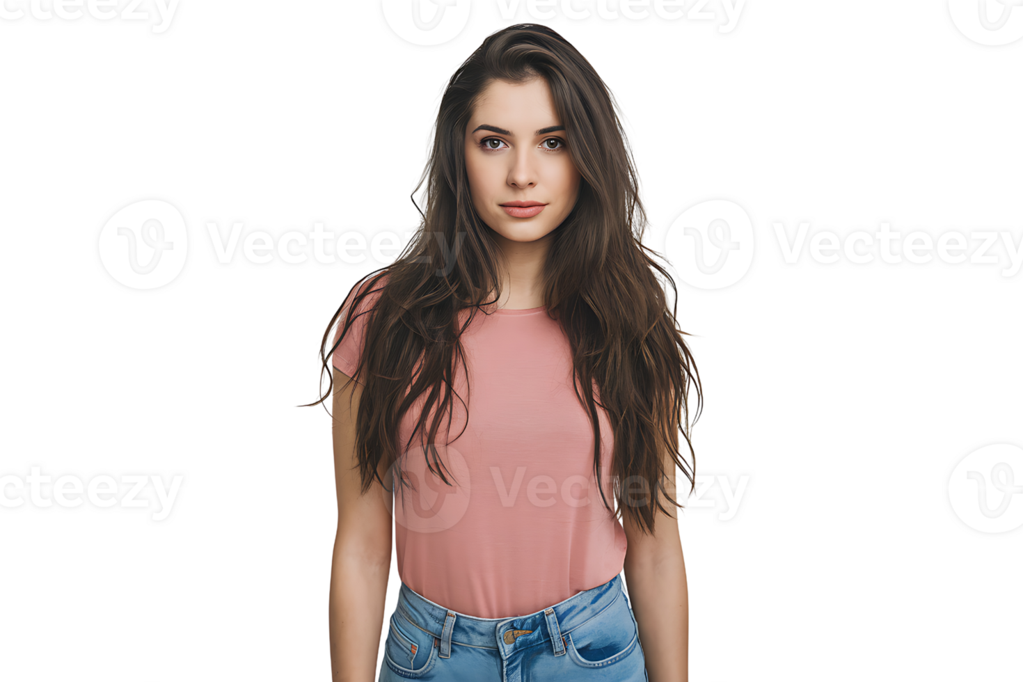 Portrait of a Young Woman with Long Brown Hair, Wearing a Pink T-Shirt isolated on transparent background png