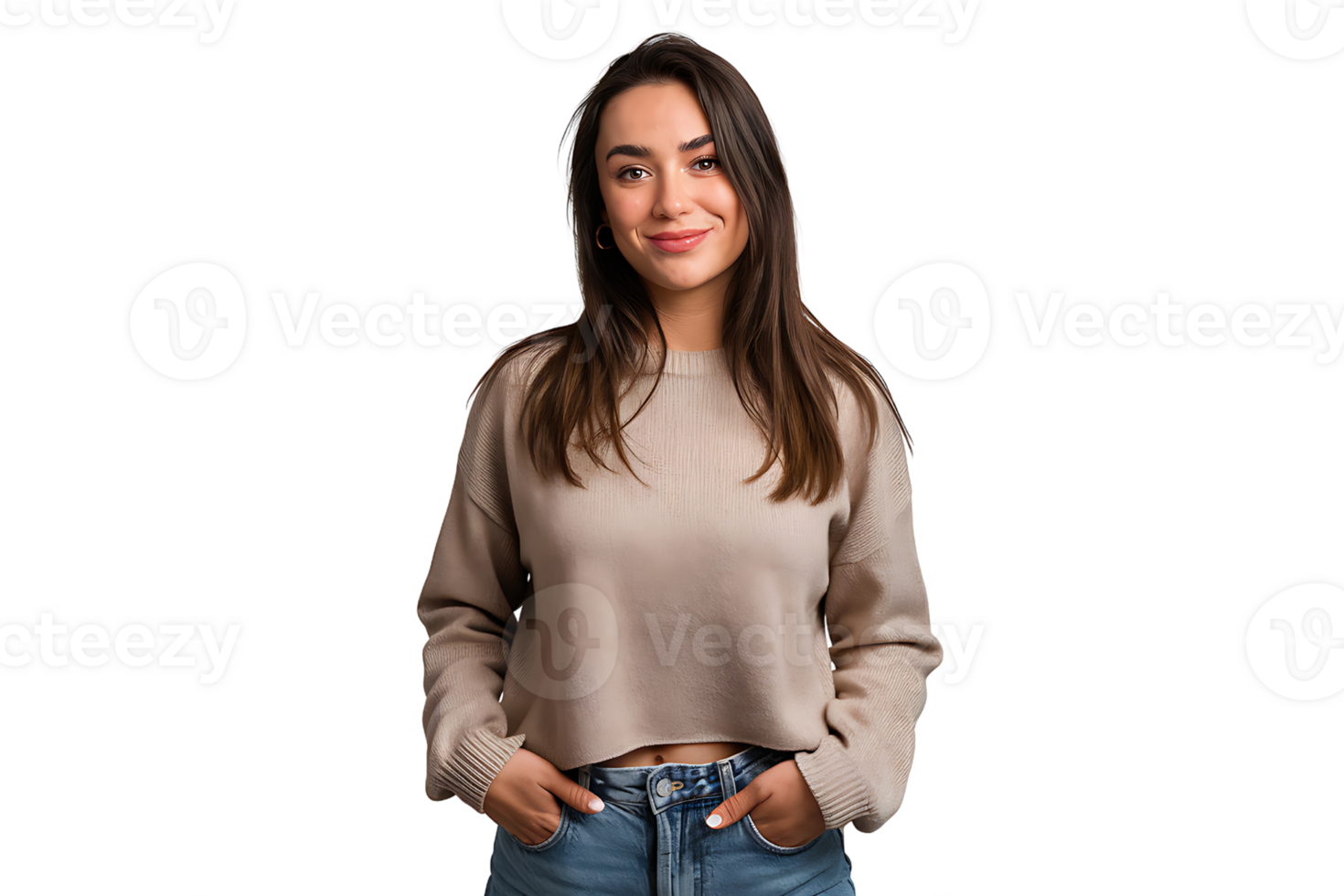 Portrait of a Smiling Young Woman in Beige Sweater isolated on transparent background png