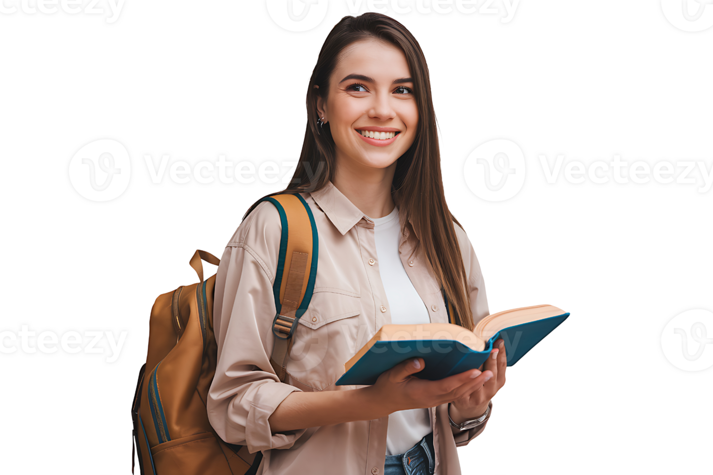Smiling Student Girl Holding Book and Backpack isolated on transparent background png