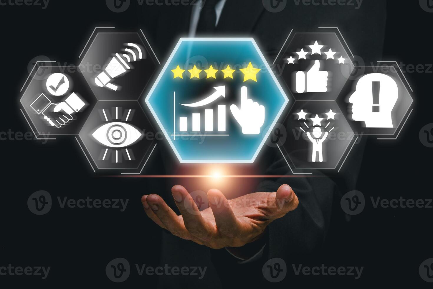 Visual representation of reputation management with digital icons, highlighting online presence and brand trust. photo