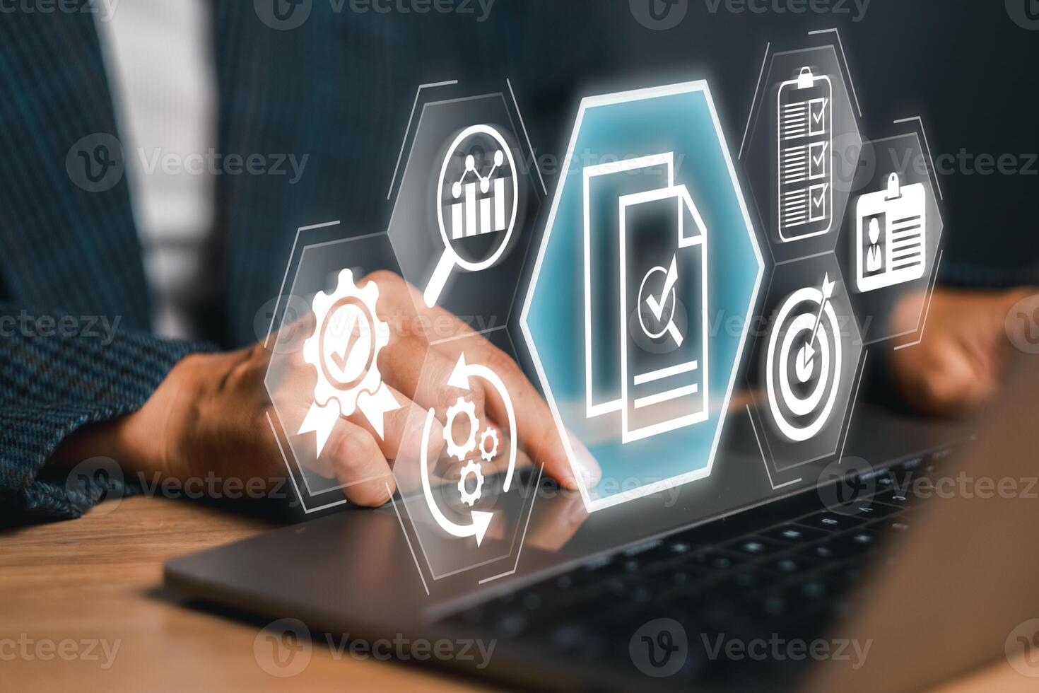 Futuristic digital audit interface on a laptop screen, symbolizing modern business and financial analysis. photo