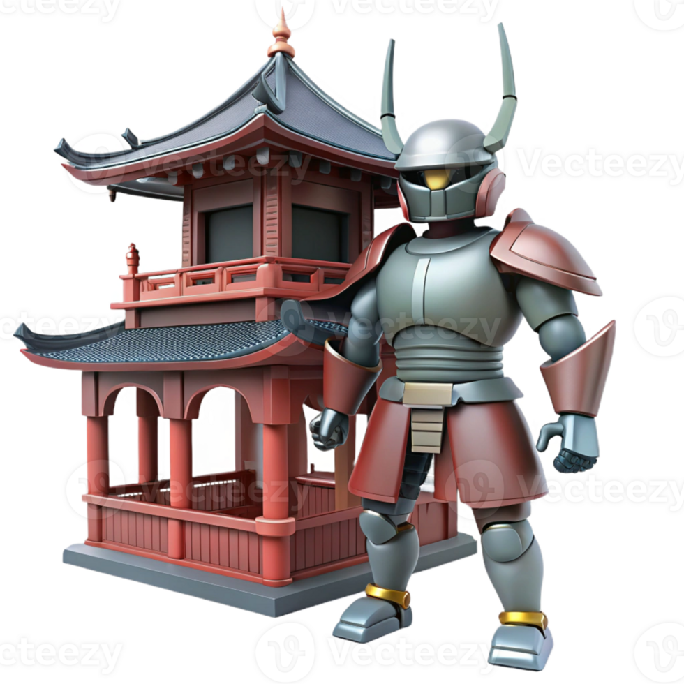 Robotic Samurai and Pagoda in a Futuristic Setting with High Tech Elements png