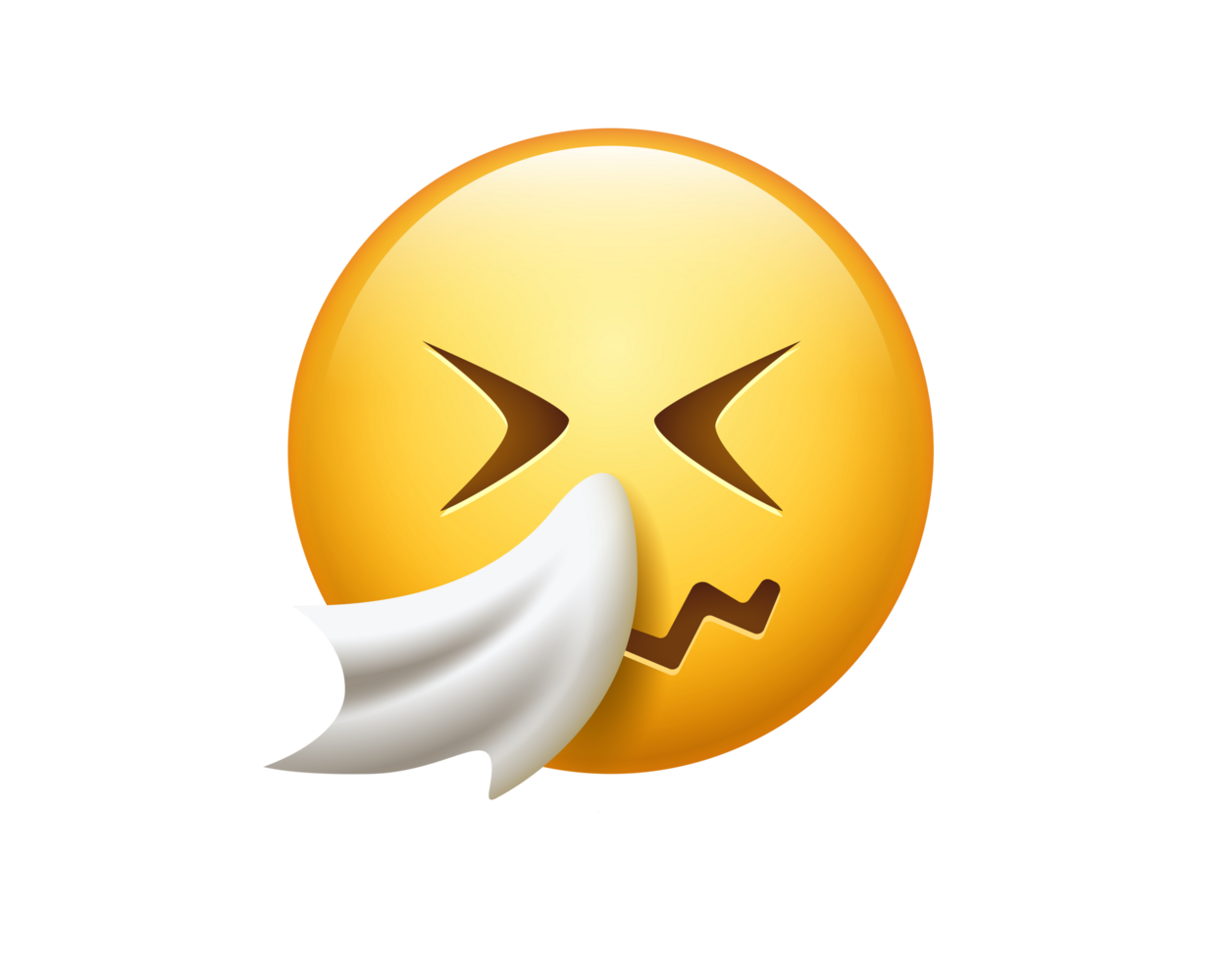 Yellow sick face with sneezing, blowing its nose into white tissue png