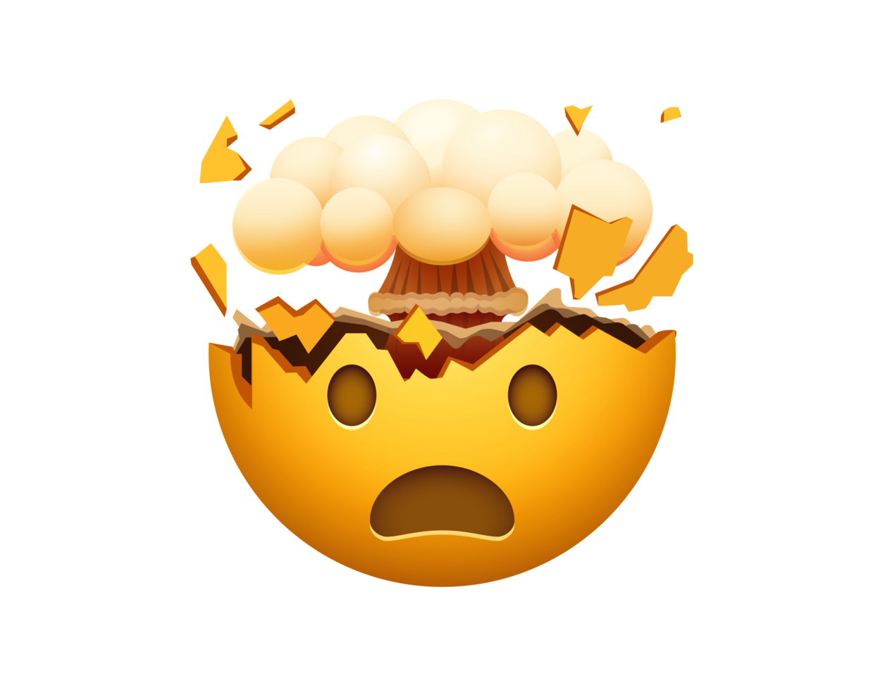 Yellow shocking face icon with open mouth and brain-like mushroom cloud png