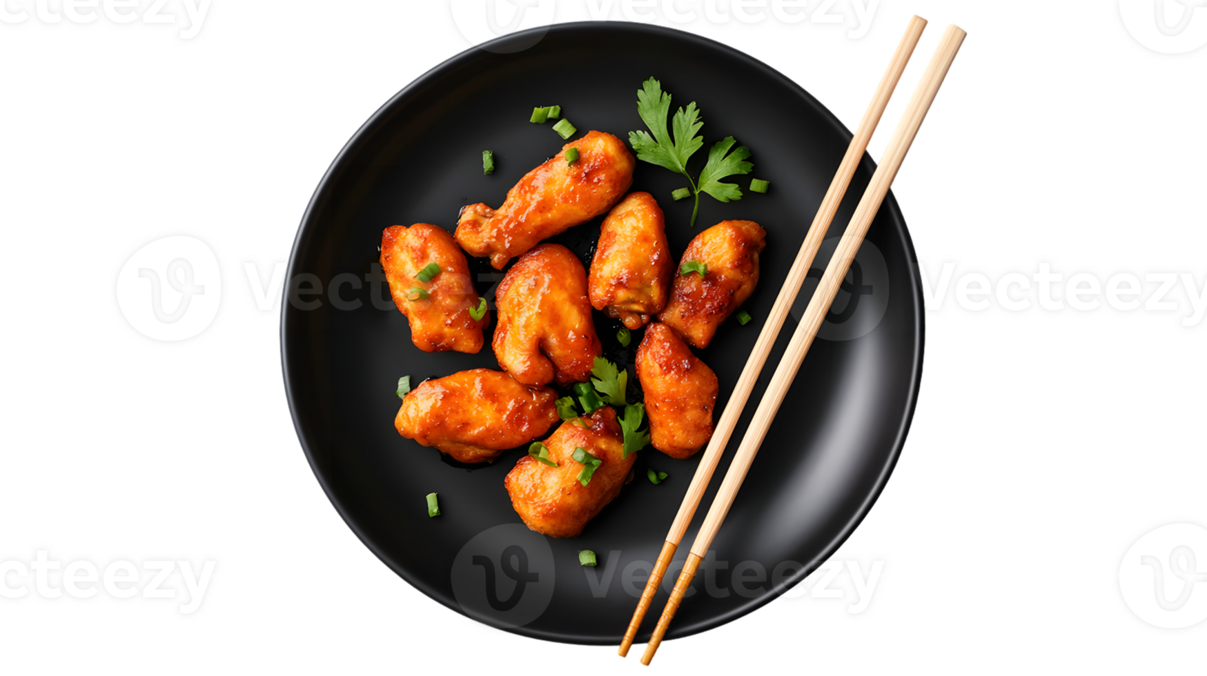 Glazed Chicken Dish with Chopsticks on Black Plate png