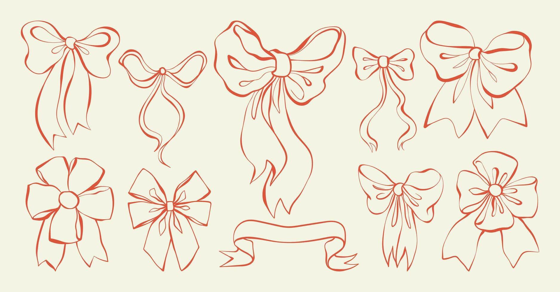 Bows and ribbons hand-drawn linear illustration set. Outline doodle sketches for Christmas, birthdays, weddings, and Valentine's day gift wrapping decor, greeting cards, banners, posters, invitations. vector