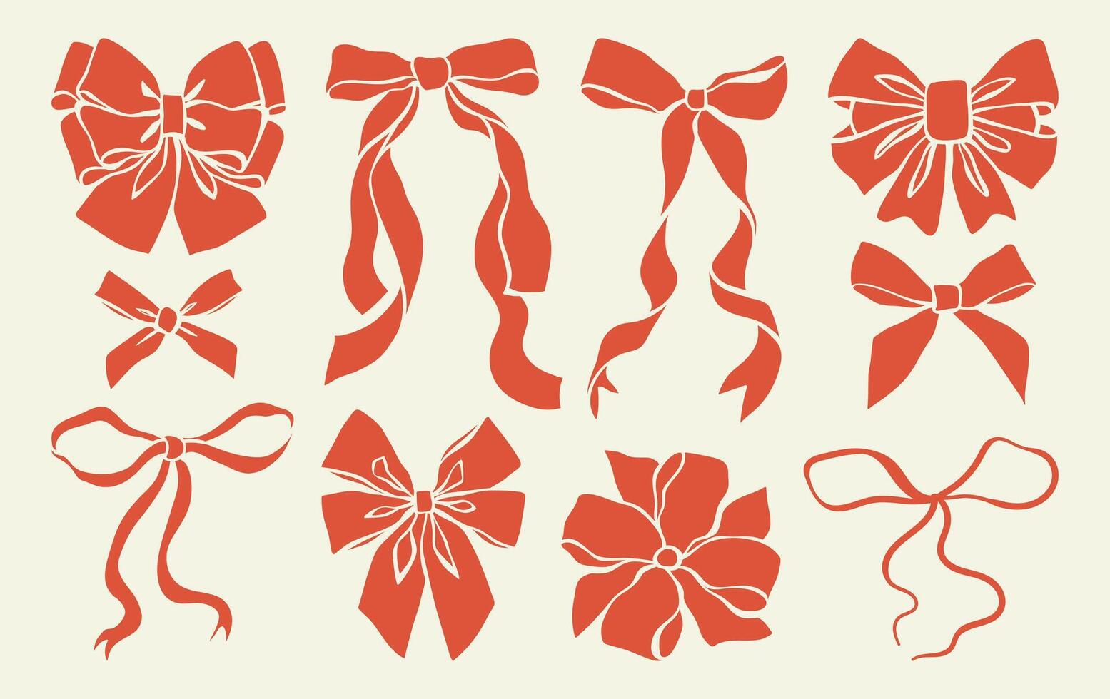 Set of hand-drawn red ribbon bows. Holiday bows for gift wrapping. Red bowknot silhouettes for Christmas, New Year, Valentine's Day cards, wedding invitations, and banners. Illustration vector