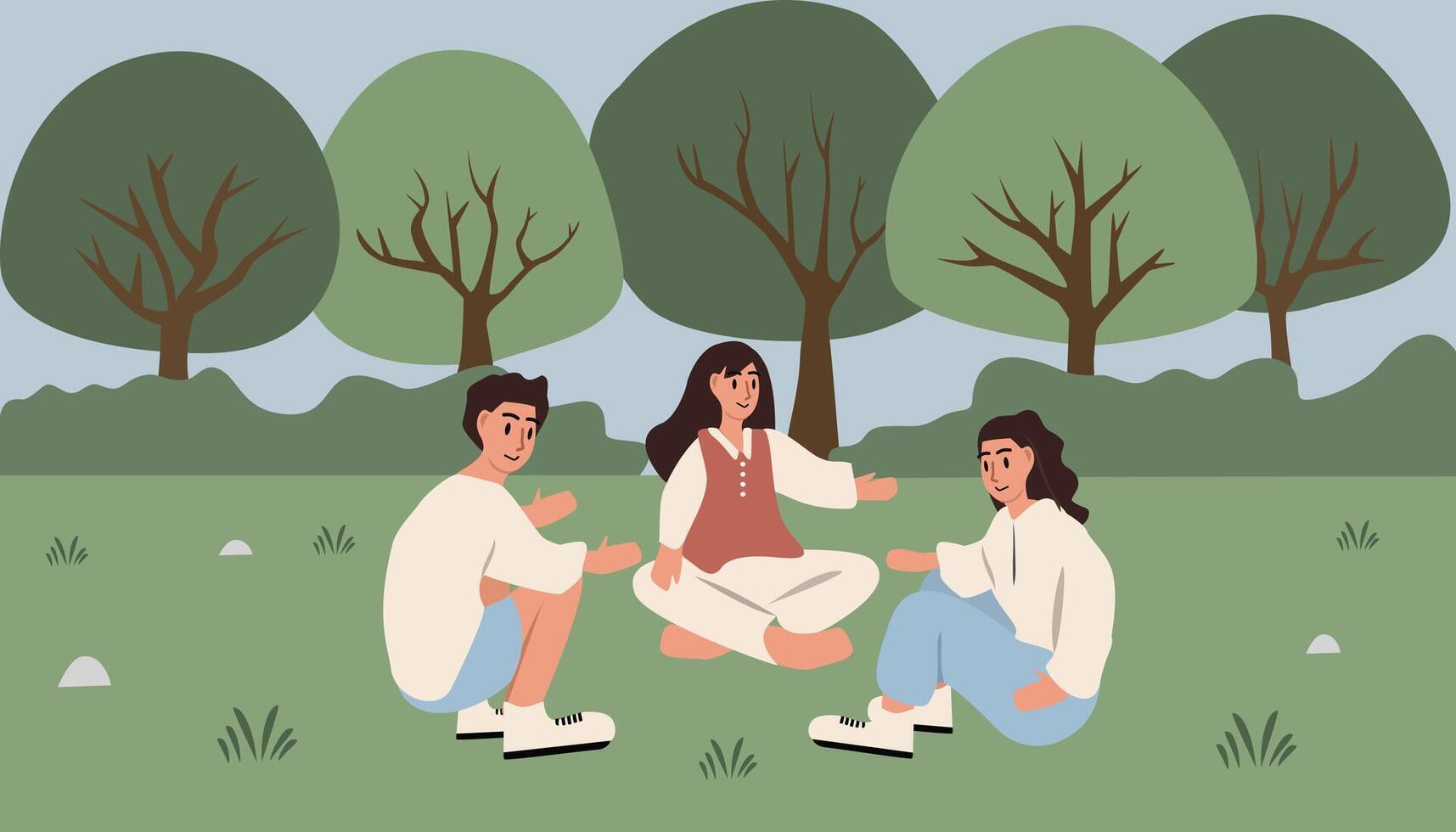 People playing in the park. Friends sitting in the park. Countryside park. Spring. Summer. Trees. Grass. Children book cover. People talking. Teenager playing game. vector