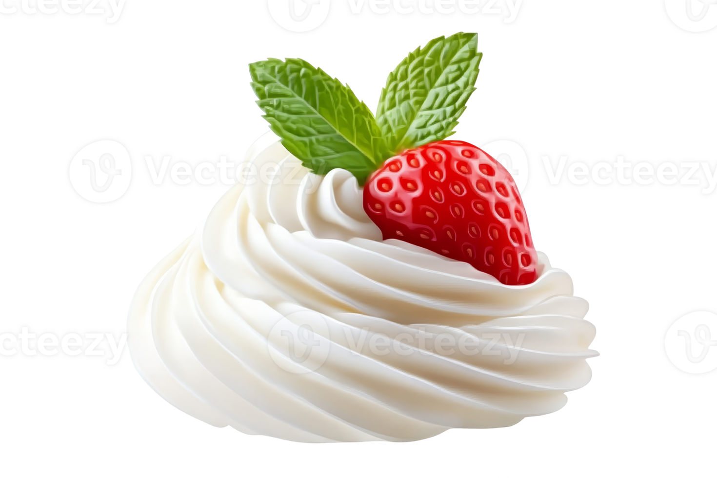 Whipped cream swirls topped with a fresh strawberry and mint leaf, creating a delightful dessert experience png