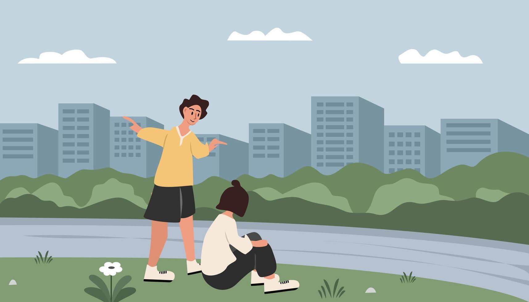 Friends Comforting Each Other illustration. People around river. Urban park. Sitting in the park. Bushes. Building. Playing around the river. vector