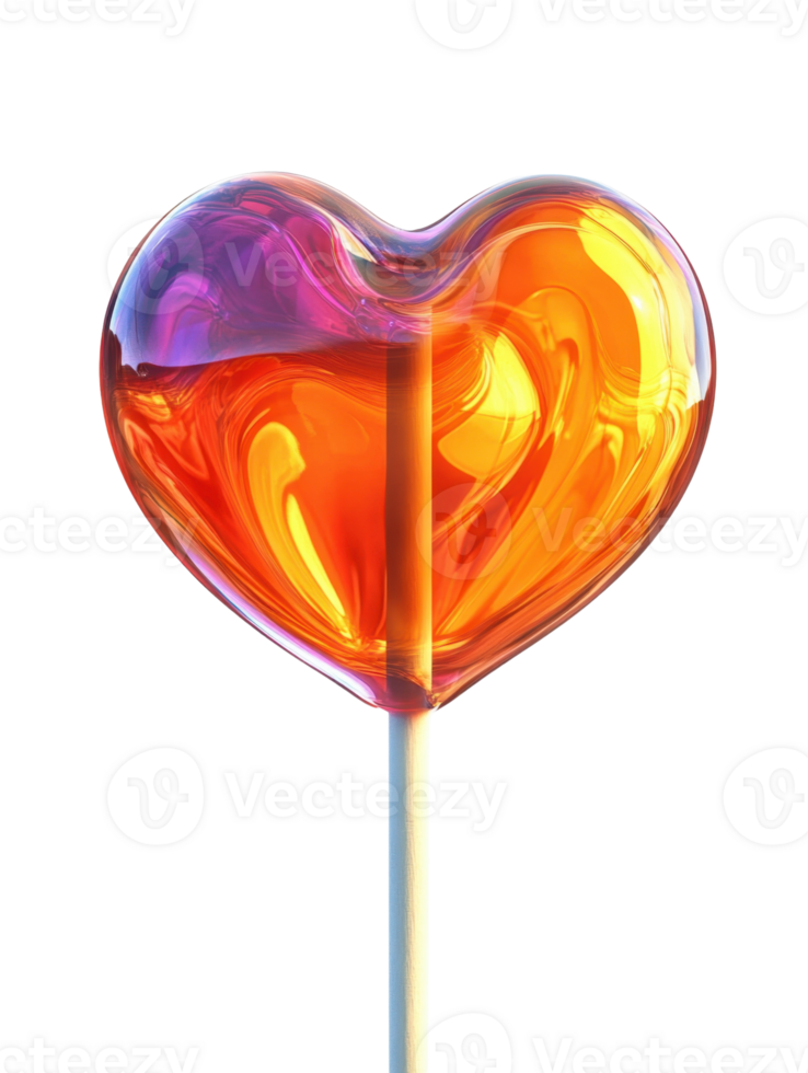 A vibrant heart-shaped lollipop in hues of orange and purple, resting on a stick, showcasing its glossy, colorful surface. png