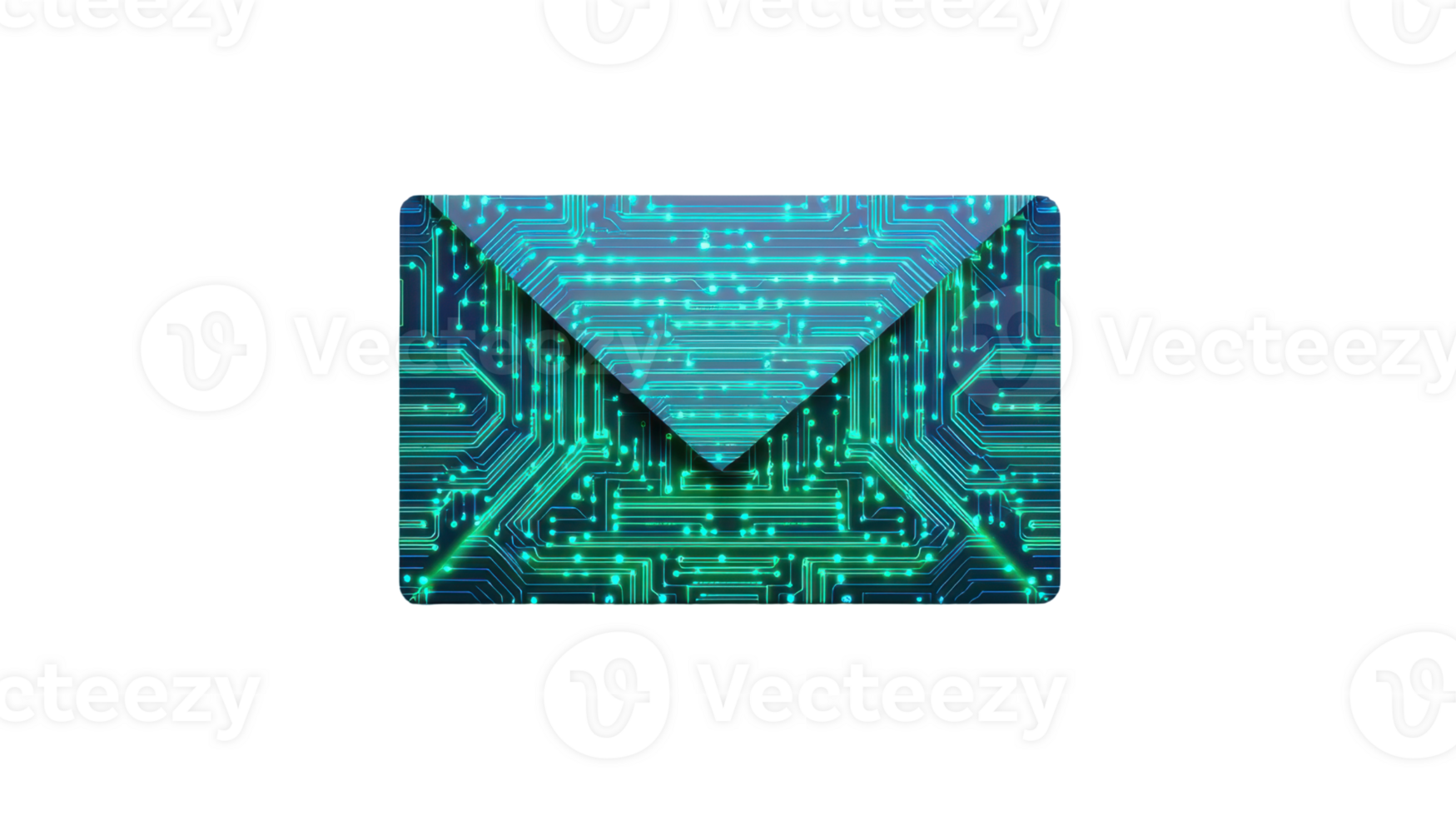 A stylized envelope featuring a digital circuit design in blue and green hues. png