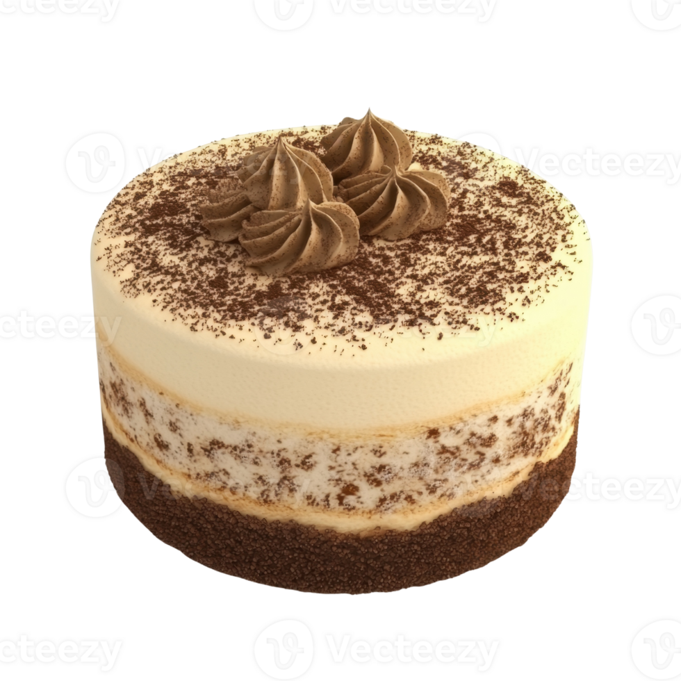 A creamy layered cake topped with chocolate swirls and cocoa powder, showcasing rich and indulgent flavors. png